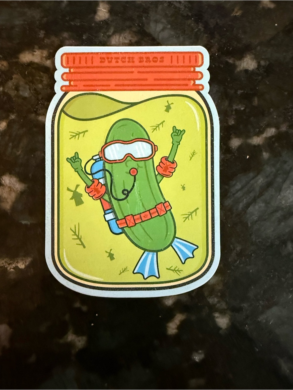 Dutch Bros Pickle Adventure Scuba Pickle Jar Sticker Scratch and Sniff
